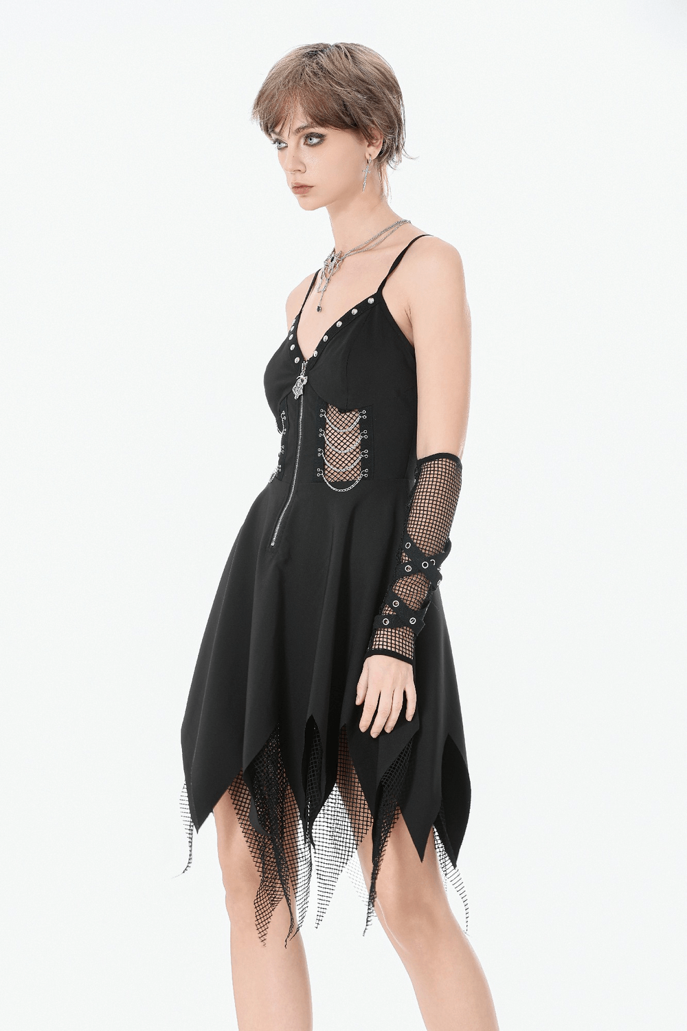 Sexy Zip Front Dress with Fishnet Jagged Hem Detail styled with accessories and edgy gloves.