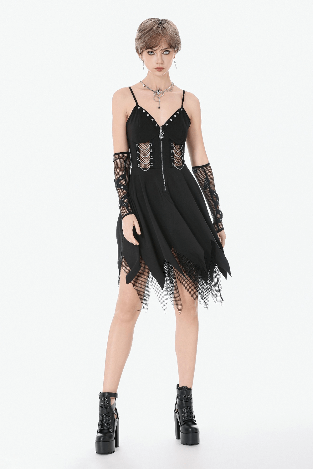 Sexy Zip Front Dress with Fishnet Jagged Hem Detail worn by model showcasing edgy gothic style.