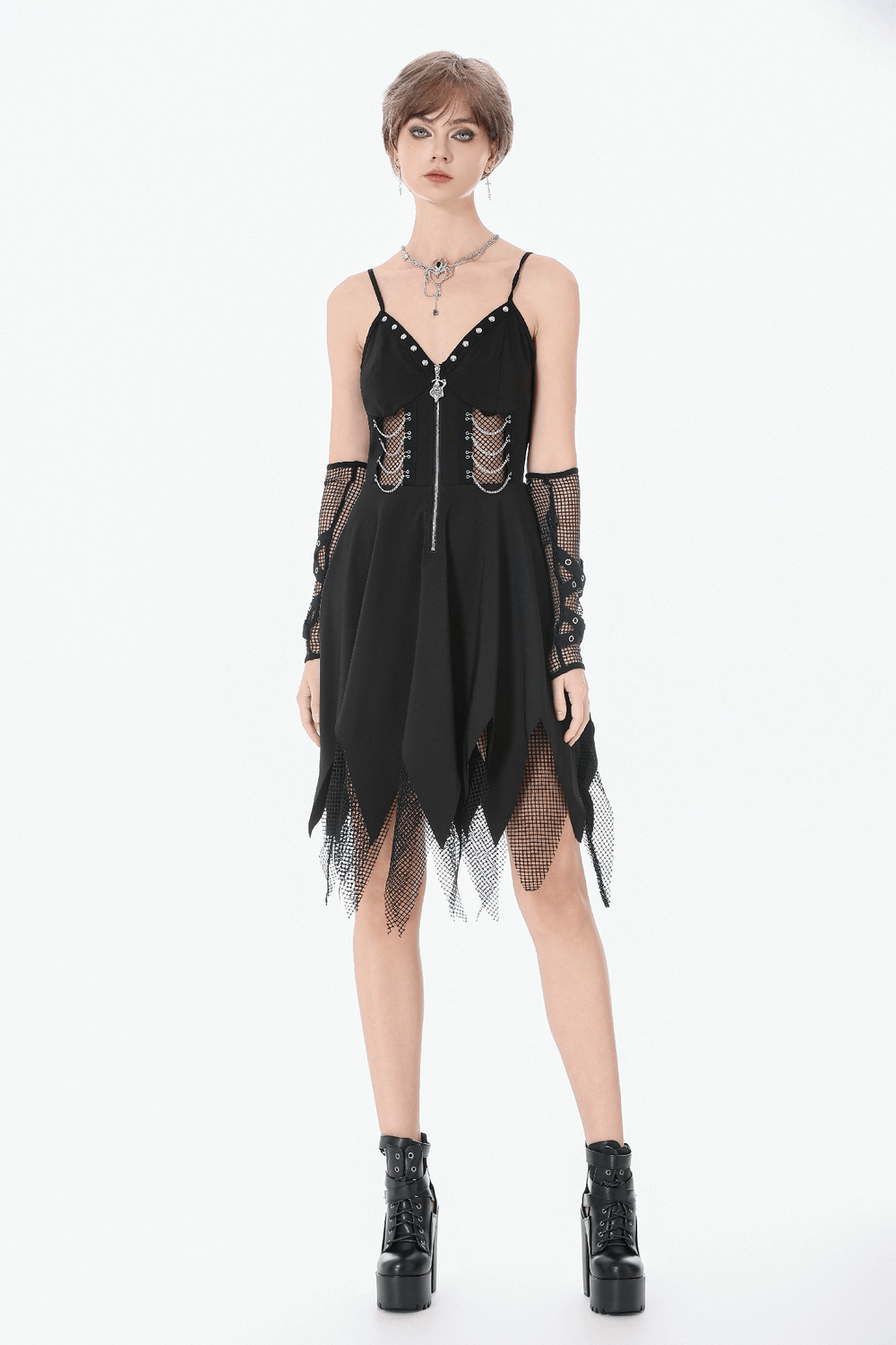Sexy Zip Front Dress with Fishnet Jagged Hem Detail