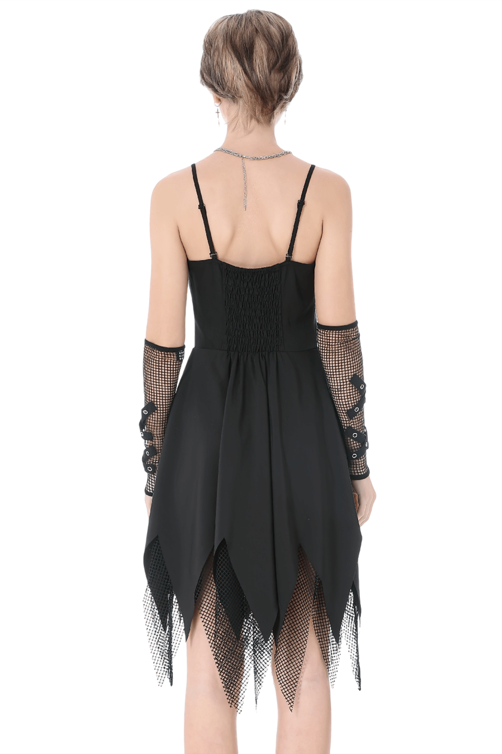 Sexy Zip Front Dress with Fishnet Jagged Hem Detail Sexy Zip Front Dress with Fishnet Jagged Hem Detail