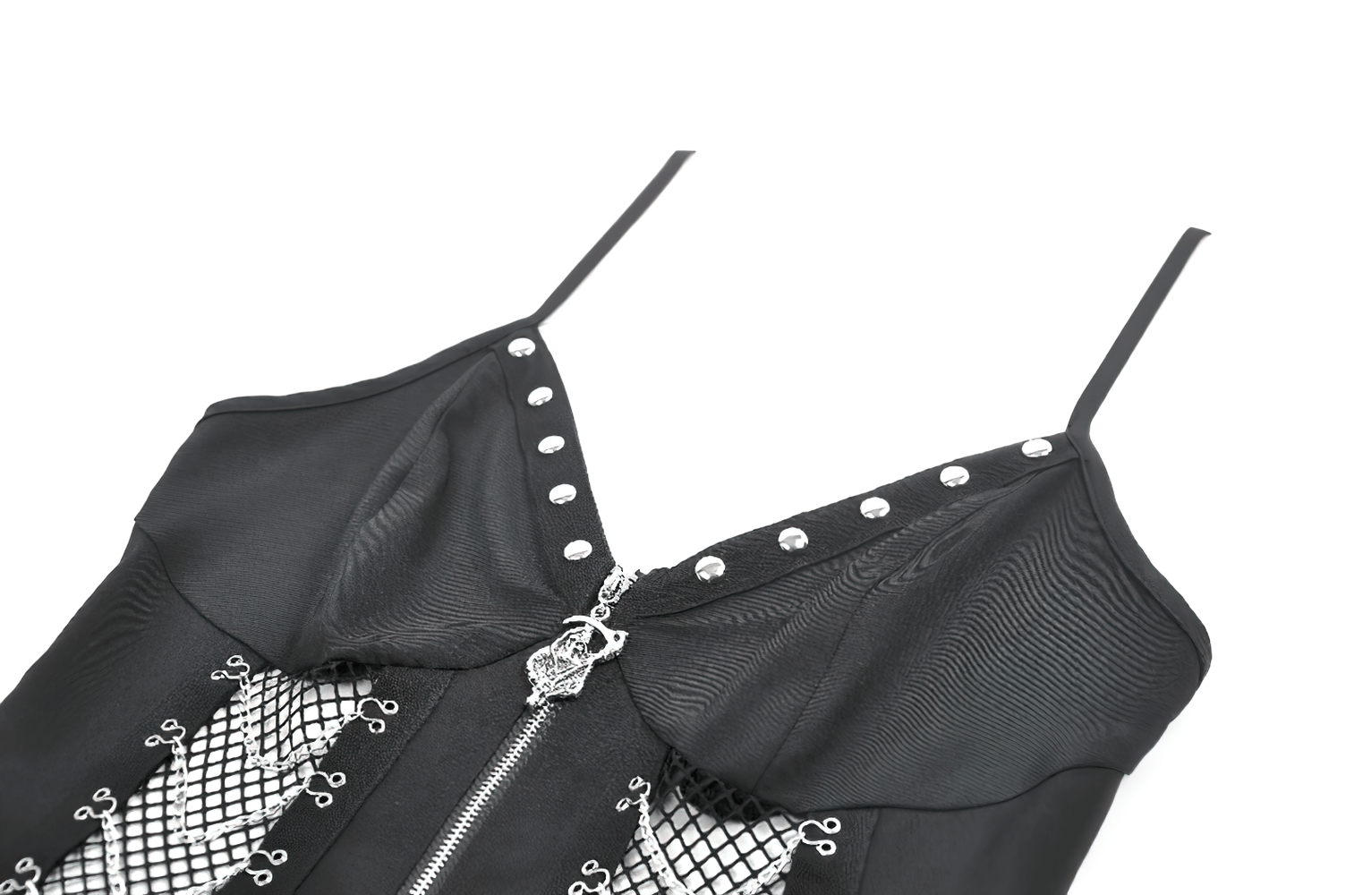 Sexy Zip Front Dress with Fishnet Jagged Hem Detail featuring studs and fishnet panels.