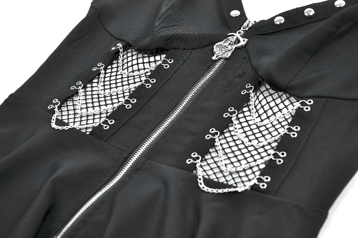 Sexy Zip Front Dress with Fishnet Jagged Hem Detail showcasing zipper and fishnet lace-up side panels.