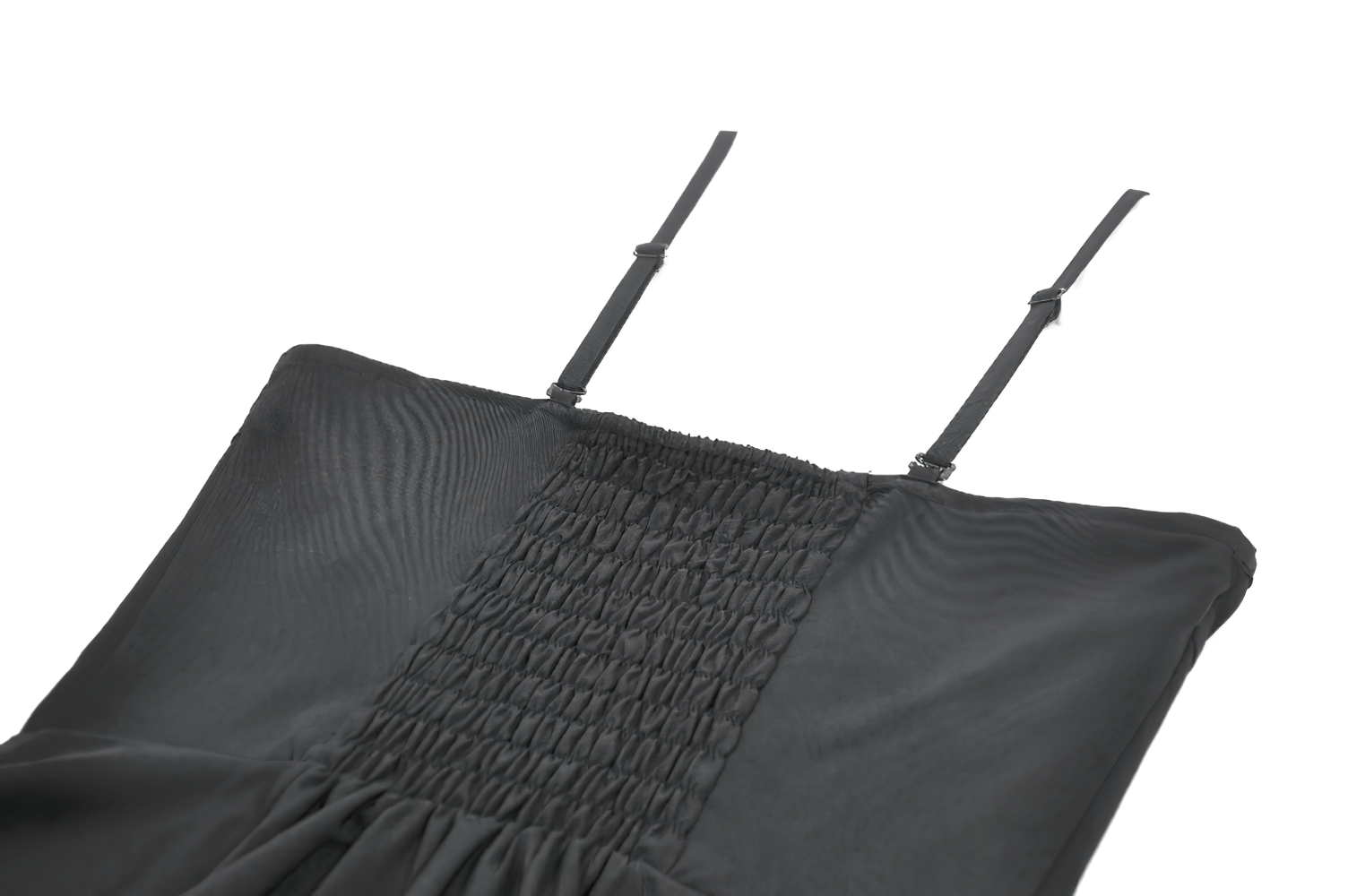 Sexy Zip Front Dress with Fishnet Jagged Hem Detail close-up showing adjustable straps and smocked back panel.