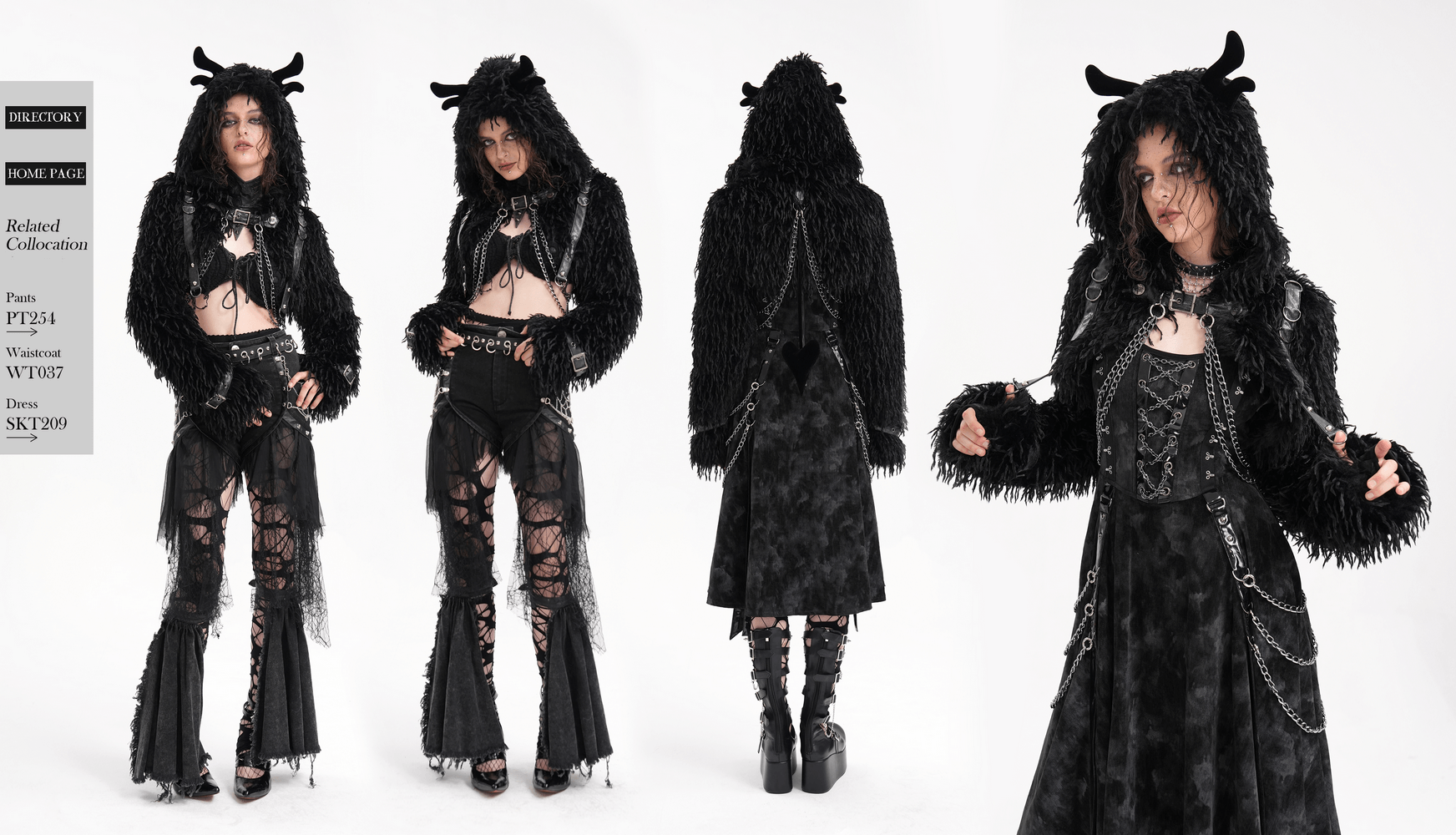 Shaggy black faux fur cape with horns and chains, showcasing gothic style and bold festival fashion. Perfect for standout looks.