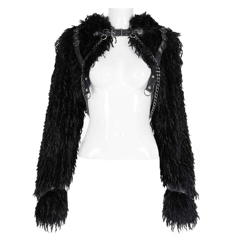 Shaggy black faux fur cape with horns and metal chains, perfect for gothic fashion and bold streetwear style.