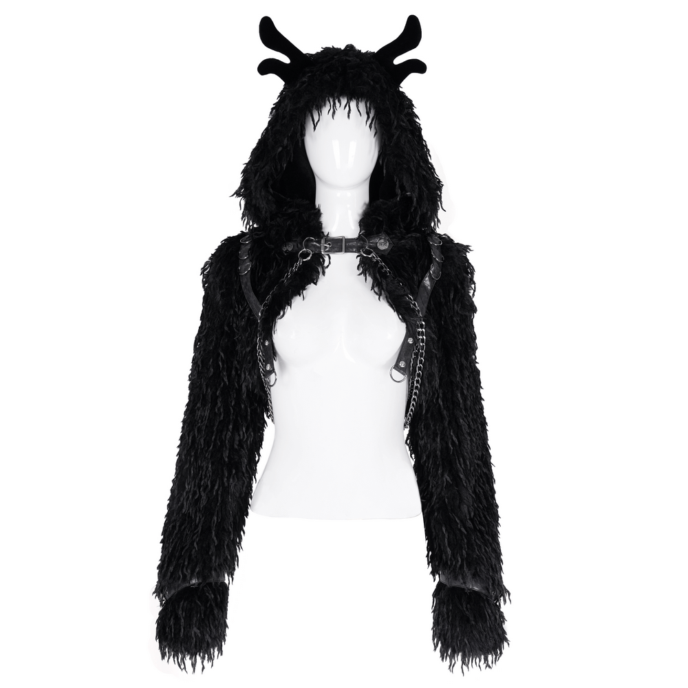 Shaggy black faux fur cape with horns and chains on a mannequin, perfect for gothic fashion and bold streetwear.