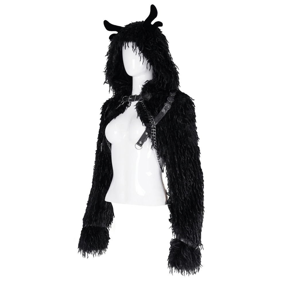 Shaggy black faux fur cape with horns and metal chains, showcasing a gothic style perfect for festivals and bold fashion.