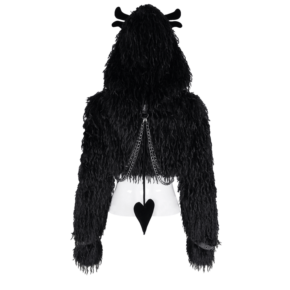 Shaggy black faux fur cape with horned hood and metal chains, perfect for a bold gothic look.