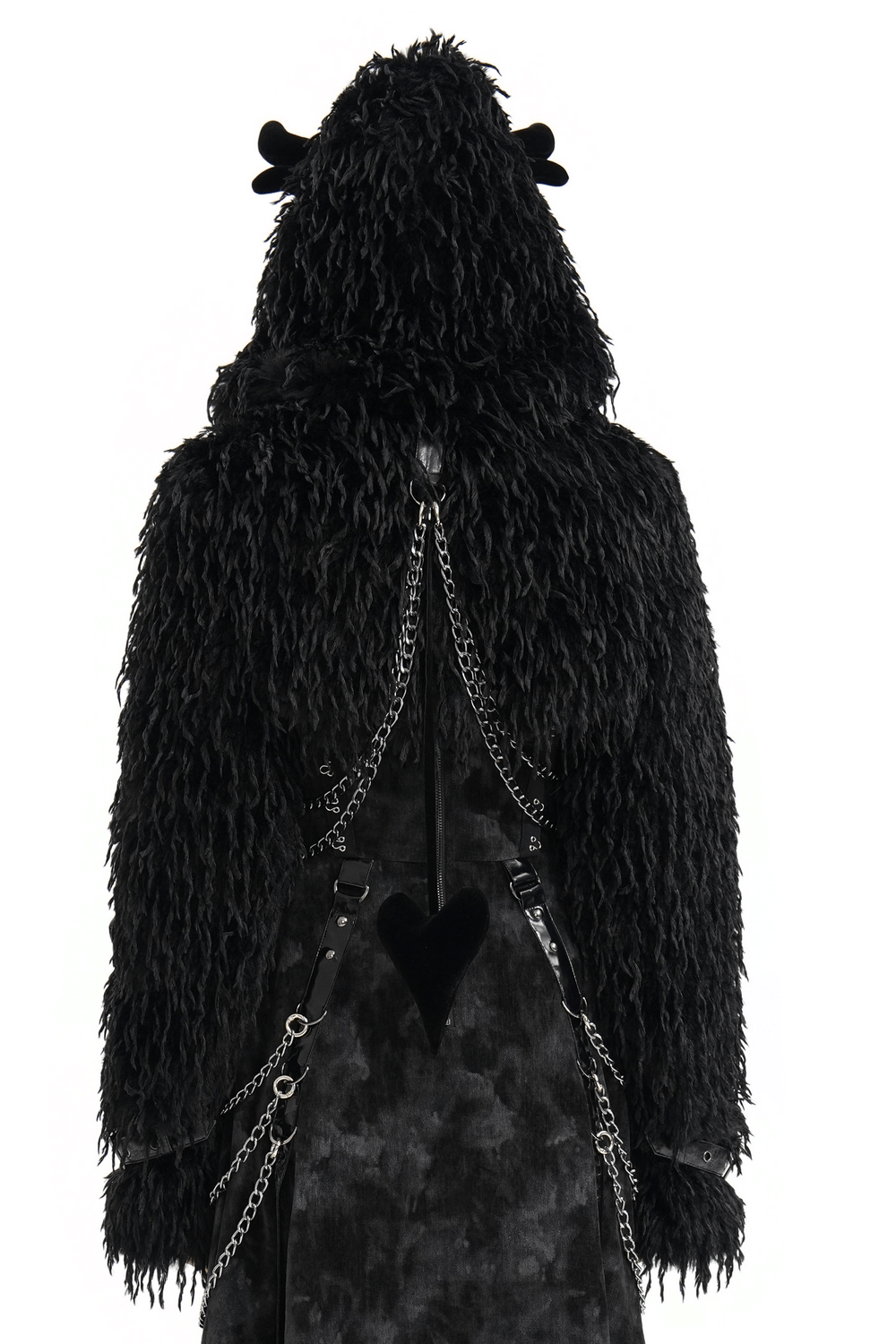 Shaggy black faux fur cape with horns and metal chains, showcasing gothic style and bold fashion. Perfect for festivals!