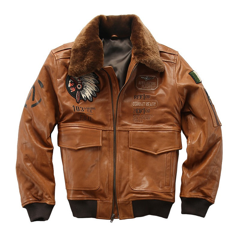 Men's vintage lambskin bomber jacket with fur collar, military style with embroidery, in camel color.
