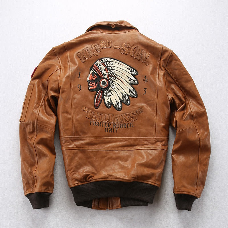 Vintage leather bomber jacket with Indian chief embroidery, perfect for military-style fashion lovers.