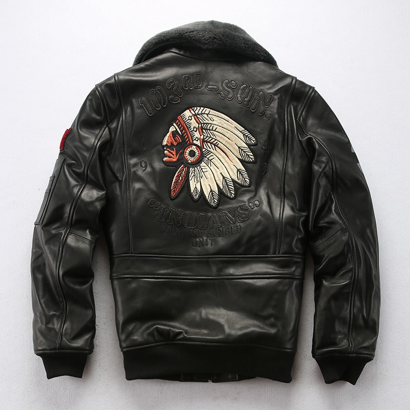 Men's black bomber jacket with fur collar and vintage embroidery on the back, perfect for military-style enthusiasts.