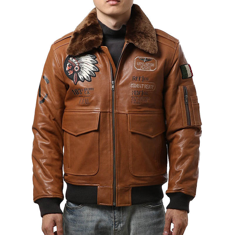Vintage lambskin bomber jacket with fur collar, military style, brown leather, embroidered detailing for men's fashion.