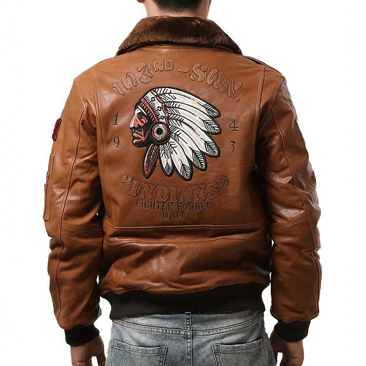 Men's vintage leather bomber jacket with fur collar and embroidered Indian chief design on back.