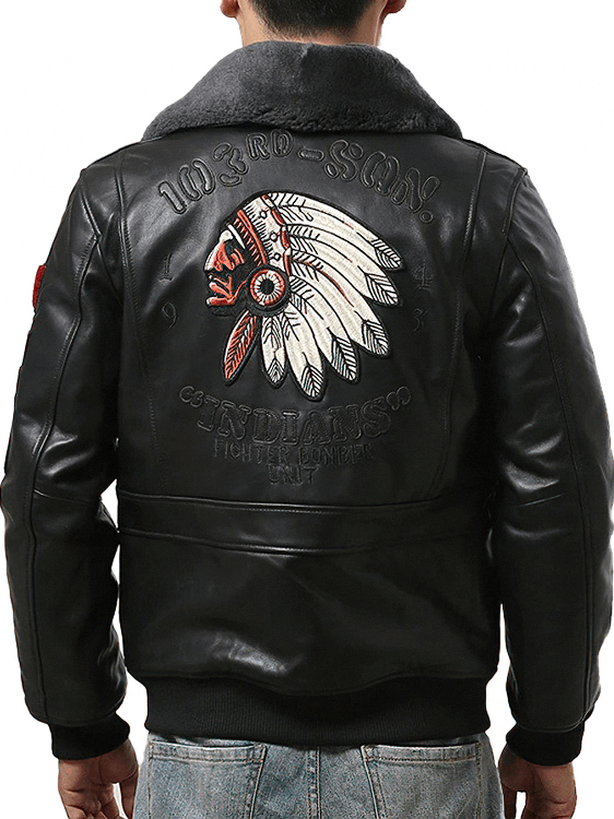 Men's black leather bomber jacket with fur collar and intricate vintage embroidery, showcasing military style vibe.