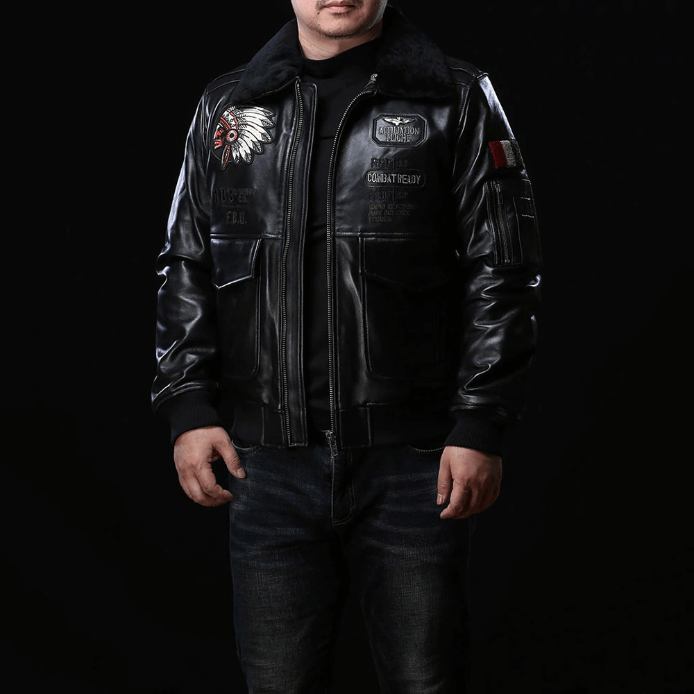 Men's black bomber jacket with fur collar and vintage military embroidery, perfect for military style enthusiasts.