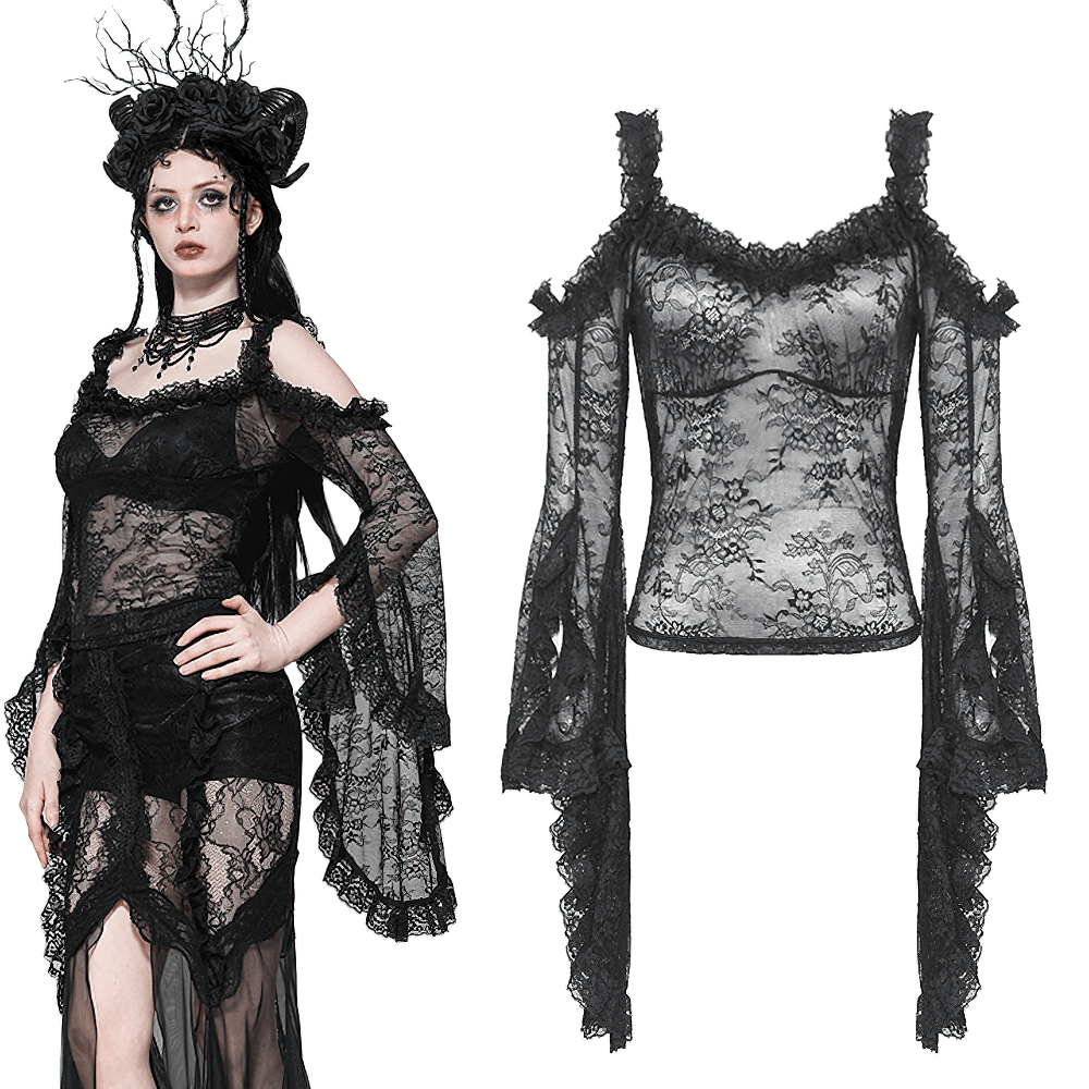 Gothic sheer black lace top with off-shoulder design and dramatic bell sleeves, embodying dark romance elegance.