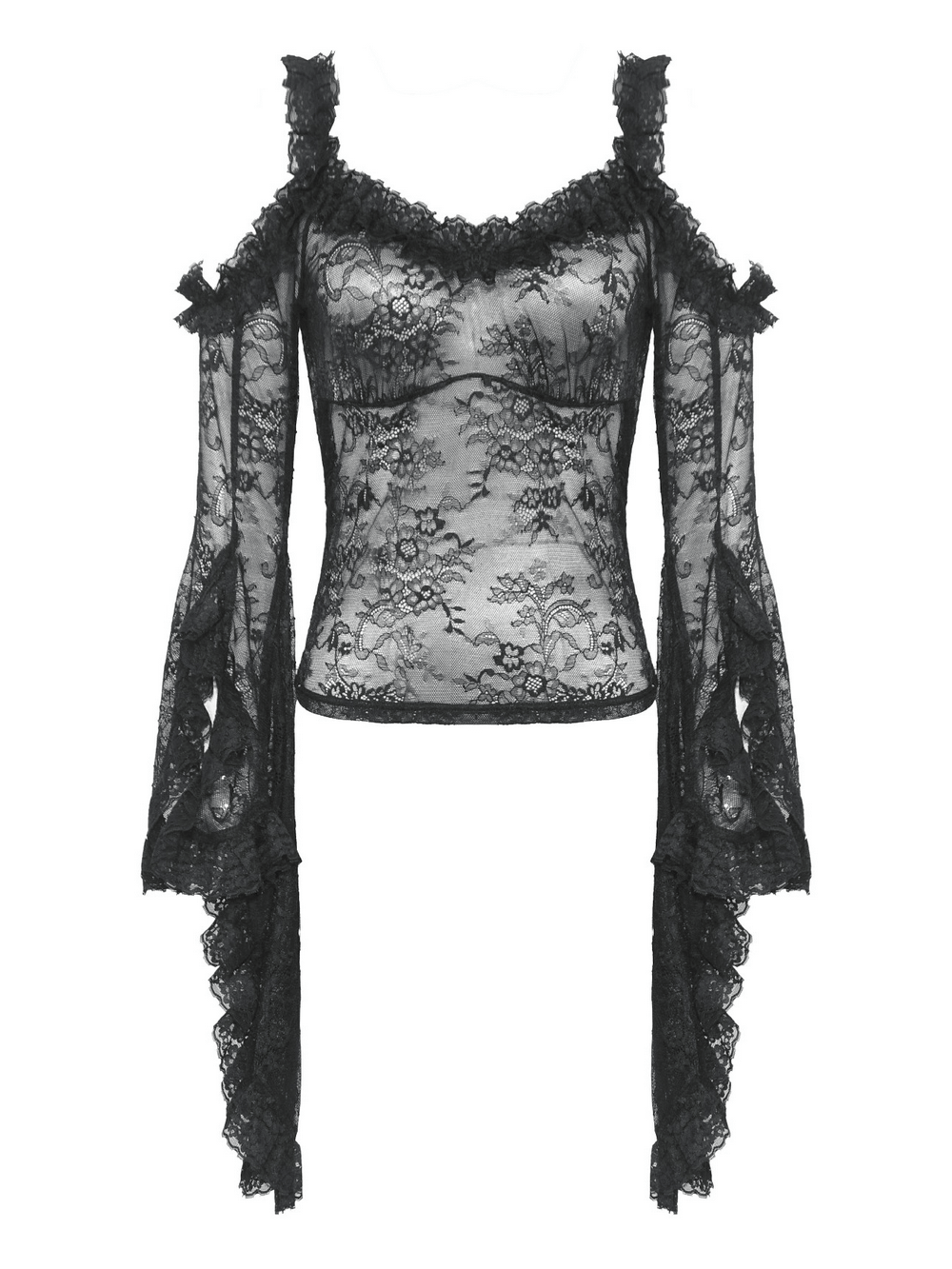 Sheer black lace top with off-shoulder design and dramatic draped bell sleeves, perfect for gothic and romantic styles.
