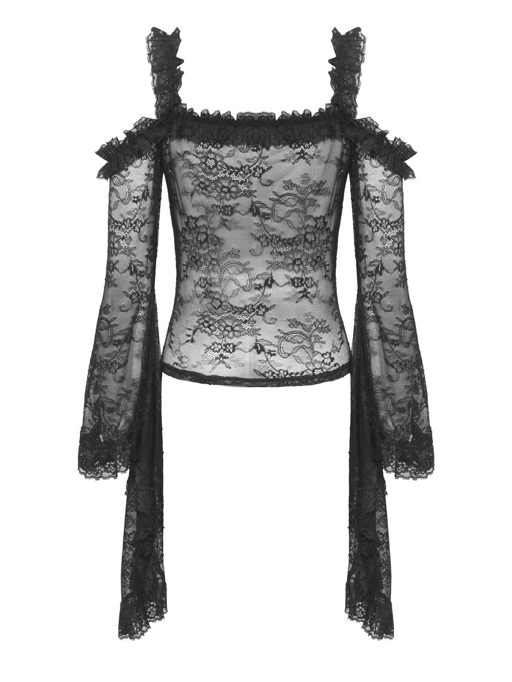 Sheer black lace top with dramatic draped bell sleeves, perfect for gothic and romantic aesthetics.