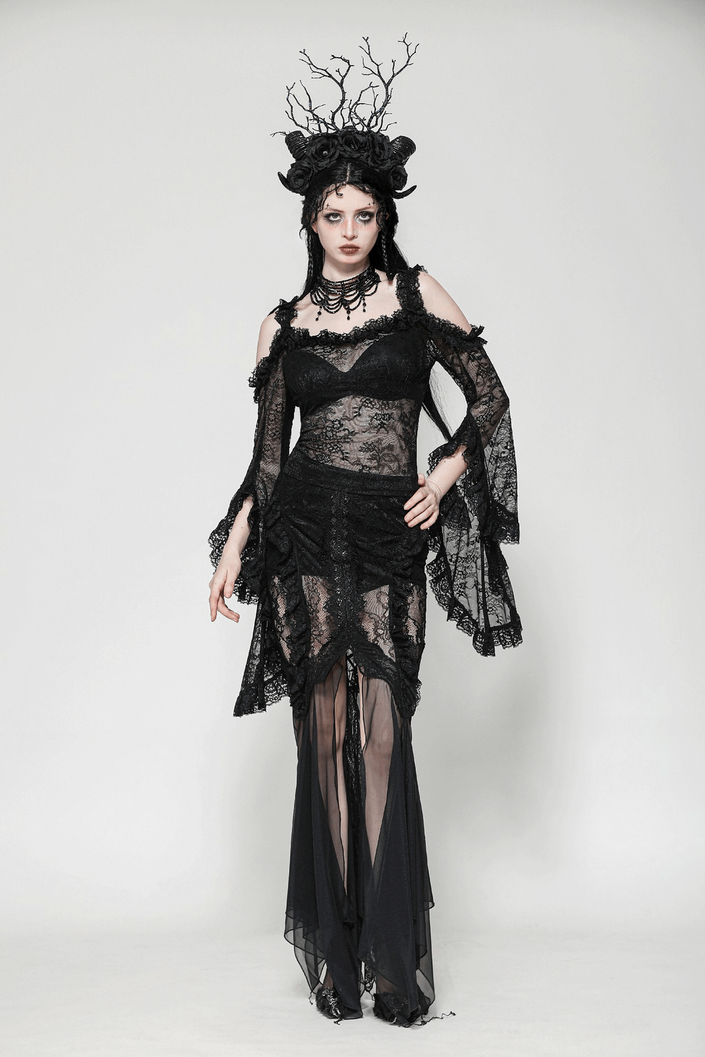 Gothic sheer black lace top with dramatic bell sleeves and a Victorian-inspired design, perfect for dark romance aesthetics.