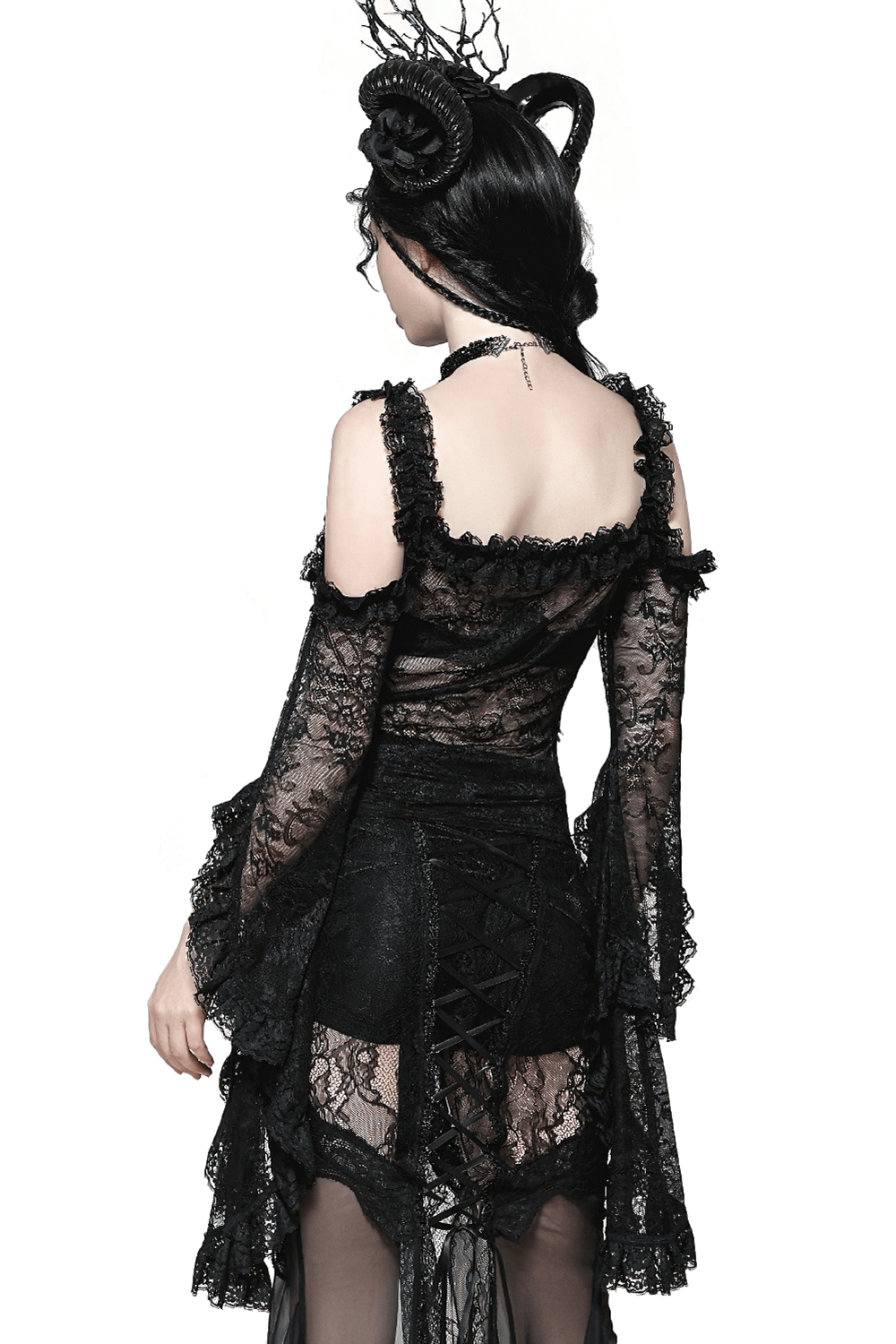 Back view of sheer black lace top with draped bell sleeves, showcasing gothic elegance and off-shoulder design.