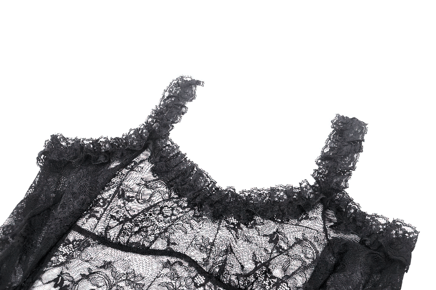 Sheer black lace top featuring delicate ruffles and off-shoulder design for a gothic romantic look.