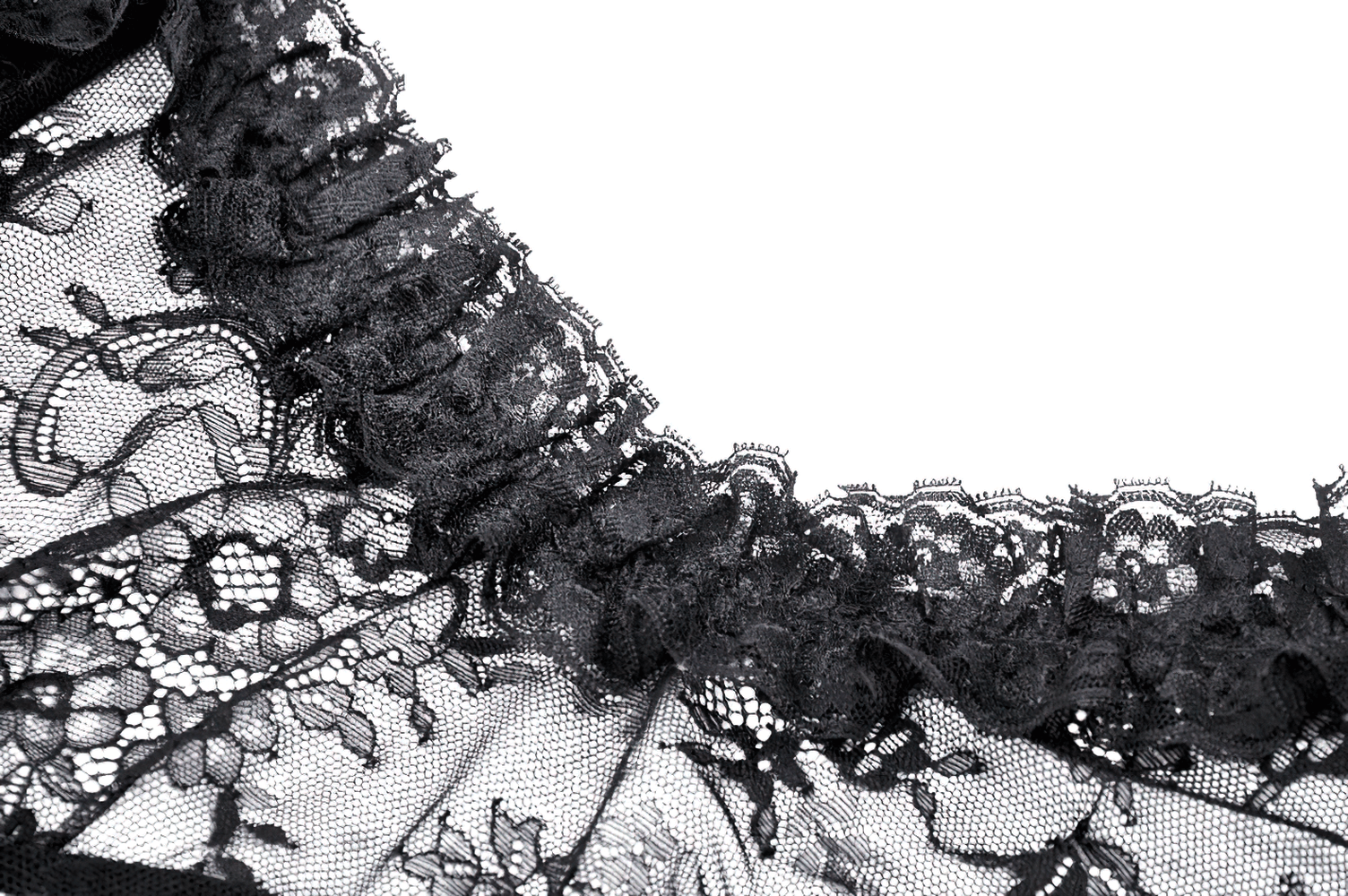 Close-up of sheer black lace fabric with delicate ruffle trim, embodying gothic elegance and Victorian charm.