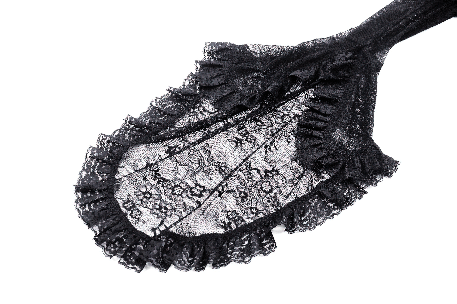 Close-up of a sheer black lace fabric with ruffled edges, ideal for gothic or romantic fashion styles.