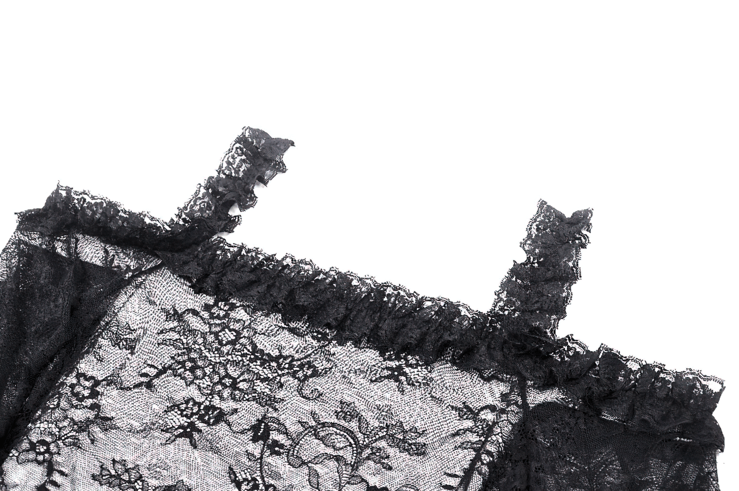 Sheer black lace top featuring delicate ruffle trims and off-shoulder design for gothic elegance.