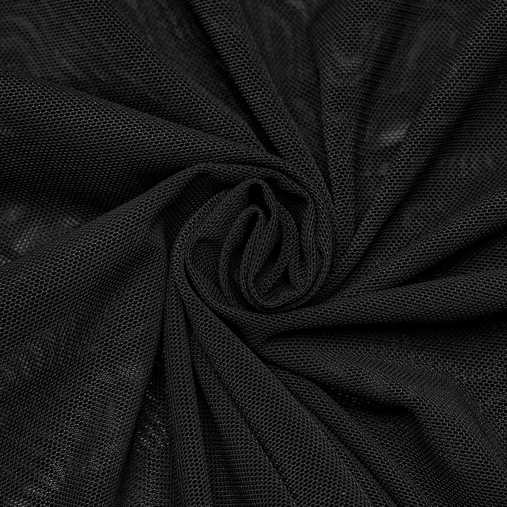 Close-up of sheer black mesh fabric, perfect for a gothic style top with a mysterious vibe.