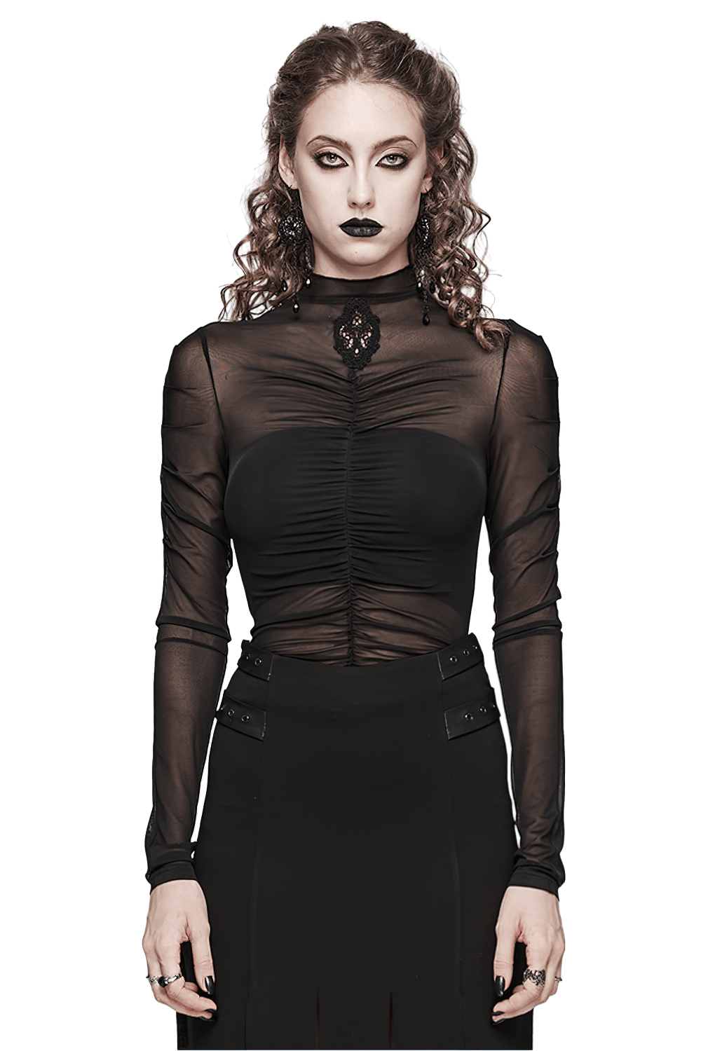 Sheer Black Mesh Top with Skeleton Embroidery
