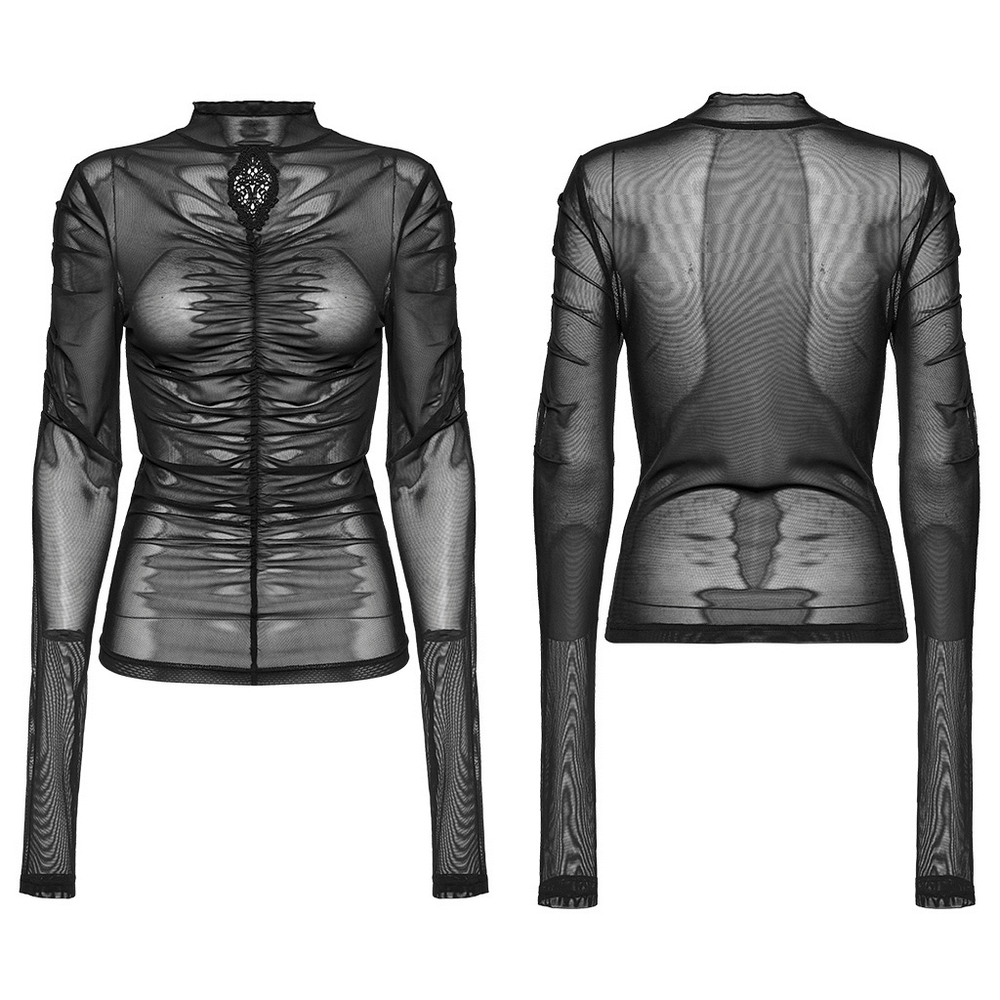 Sheer black mesh top with skeleton embroidery, long-sleeved goth style, pleated front and embroidered collar.