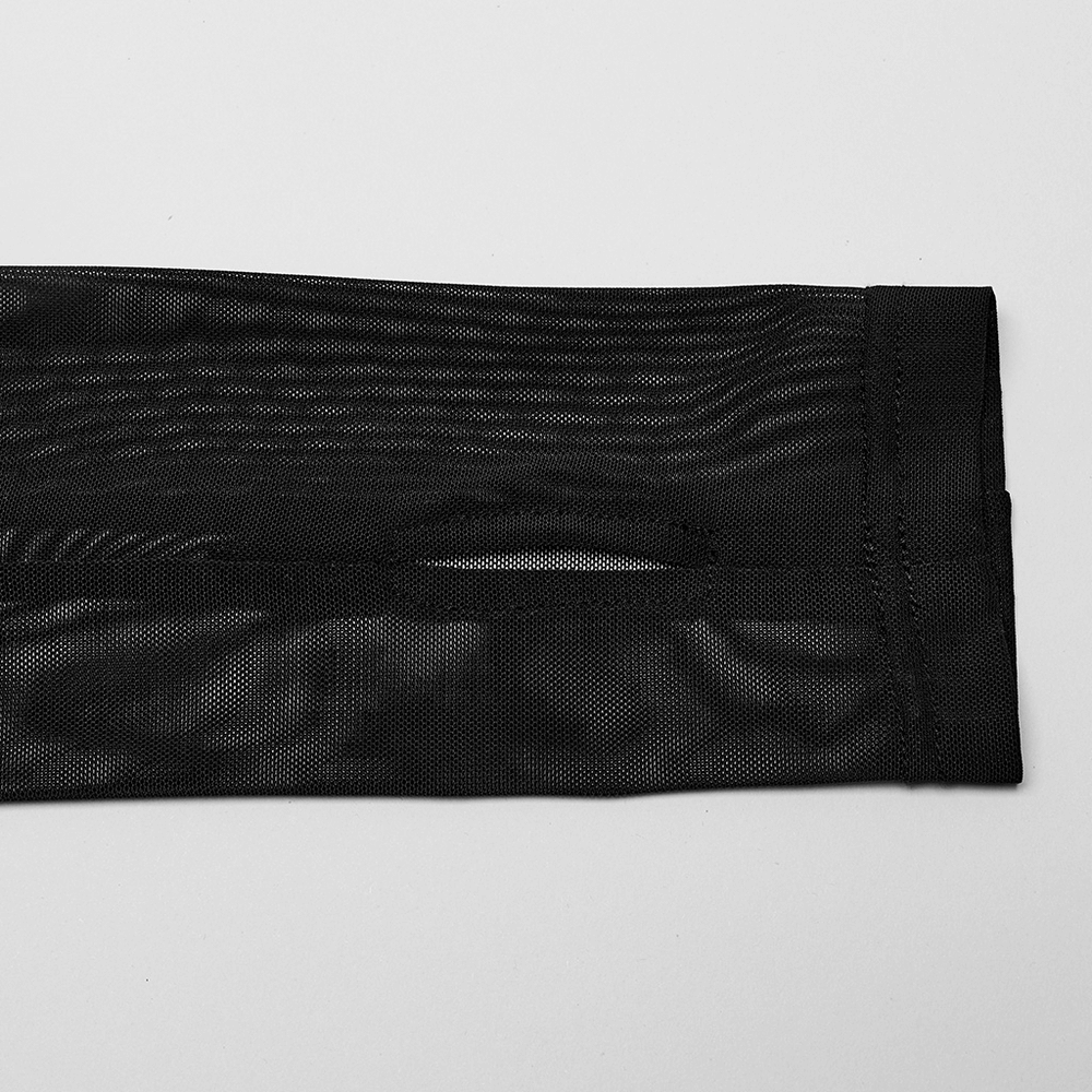 Close-up of the sheer black mesh fabric showcasing intricate texture for a goth-inspired long-sleeved top.