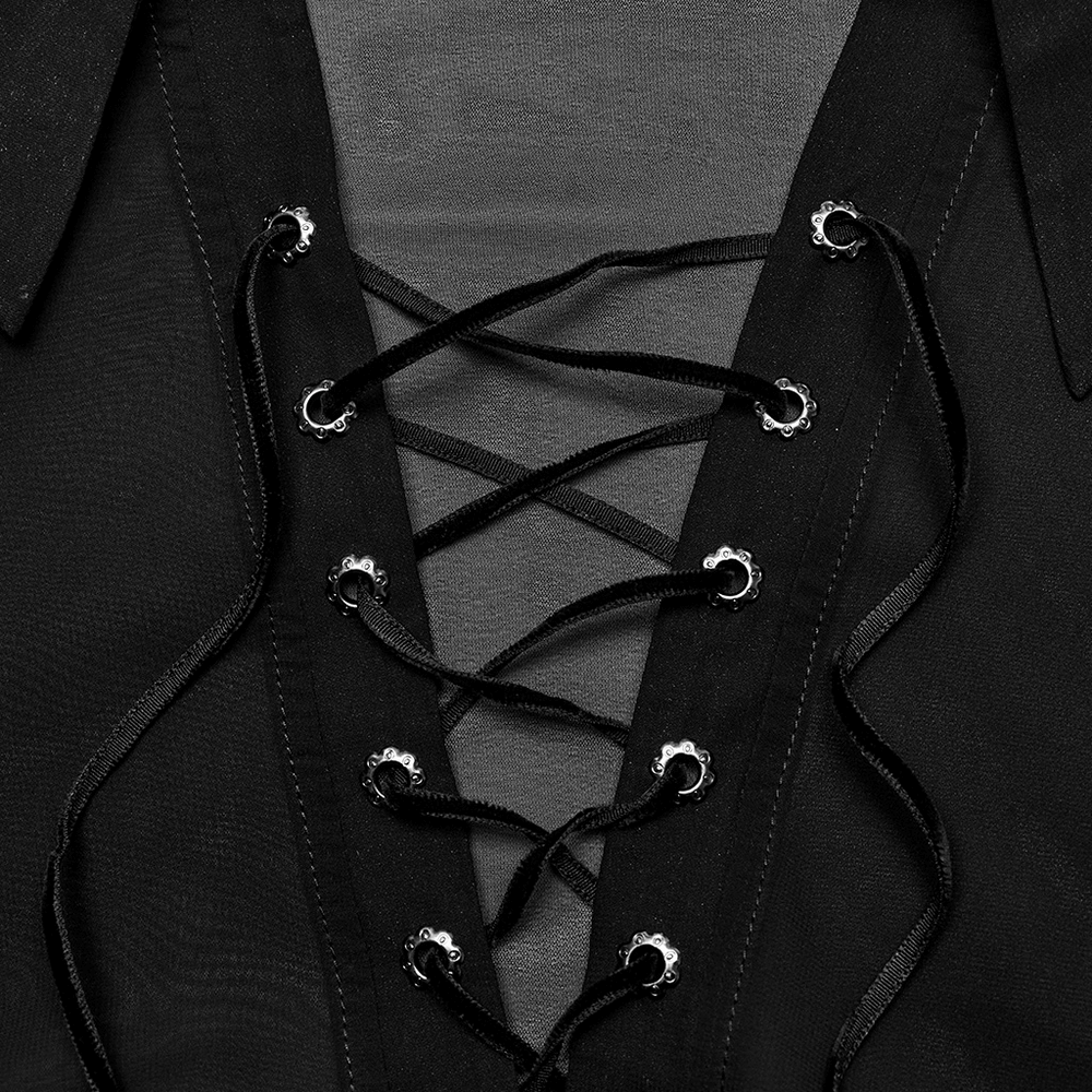 Close-up of the lace-up design on a sheer black chiffon gothic shirt for men, showcasing intricate velvet drawstring details.