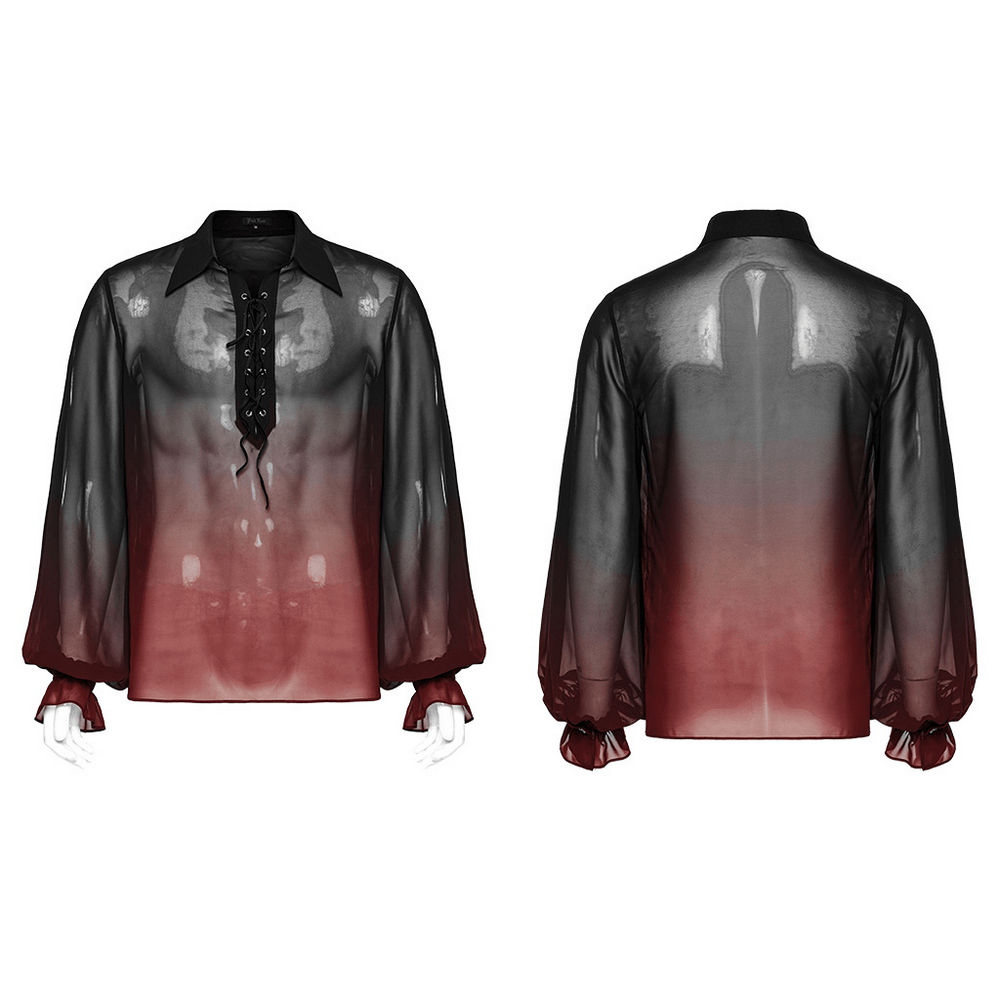 Sheer chiffon lace-up gothic shirt for men in black and red, featuring dramatic lantern sleeves and a stylish design.
