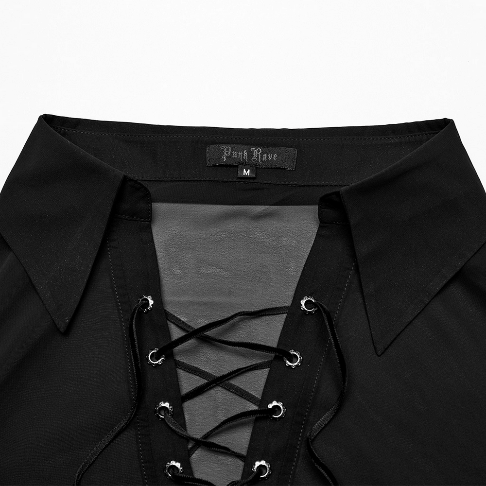 Close-up of sheer chiffon gothic shirt featuring lace-up front and dramatic collar for a stylish look.