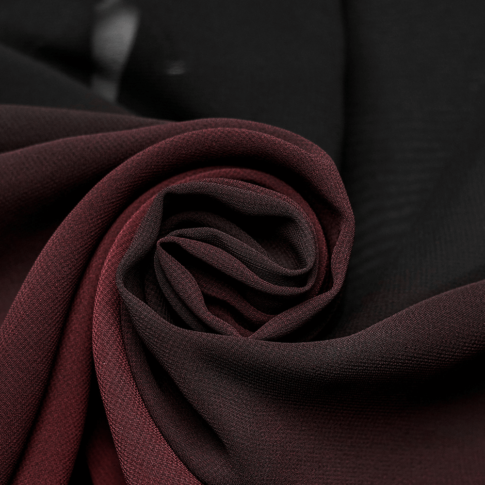 Close-up of sheer black and burgundy chiffon fabric, perfect for gothic style shirts and dramatic clothing designs.