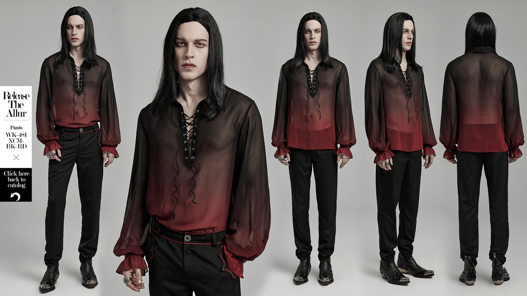Men's sheer chiffon gothic shirt with lace-up front and lantern sleeves, perfect for a dramatic dark look.