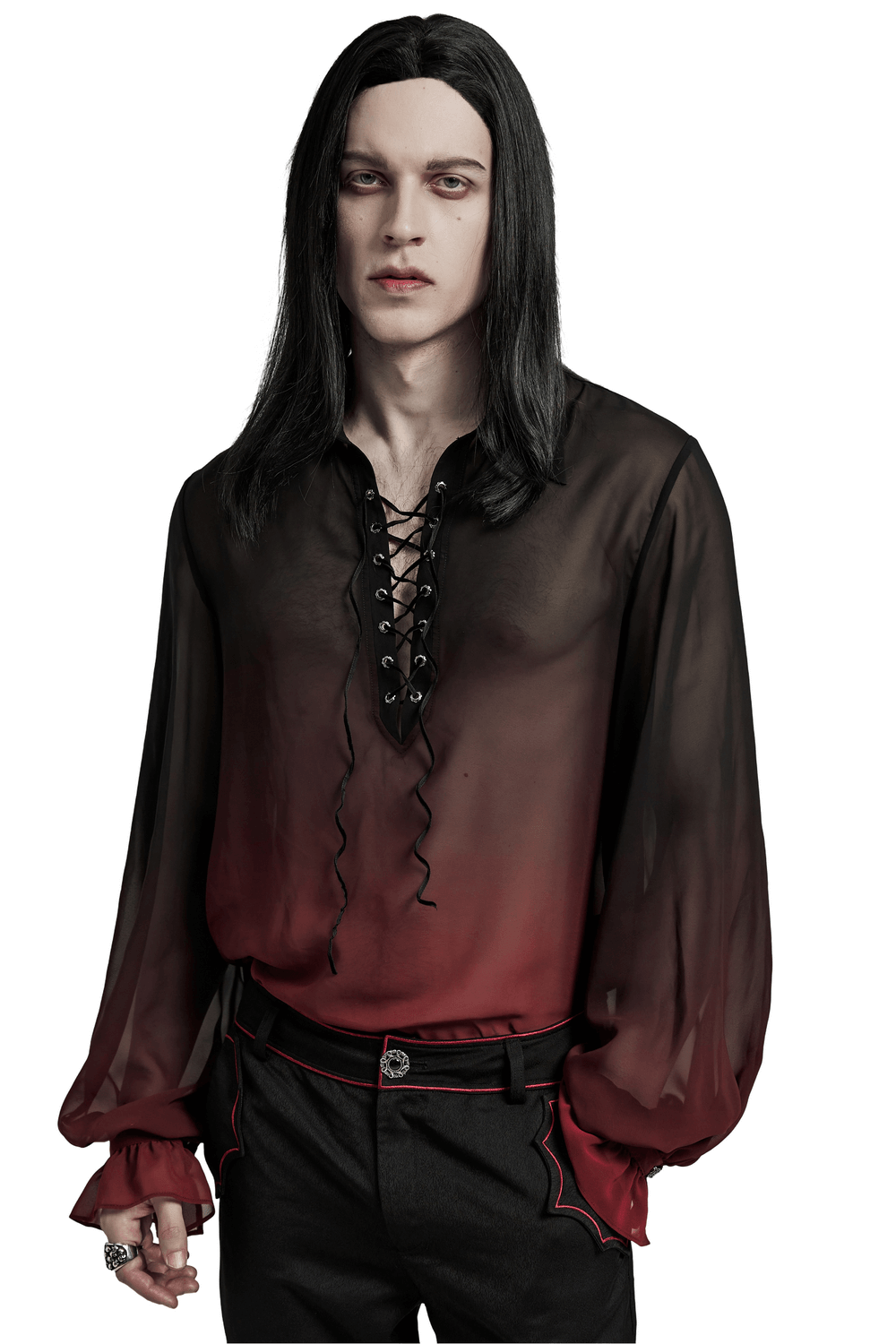 Men's sheer chiffon gothic shirt with lace-up front and dramatic sleeves in black and red.