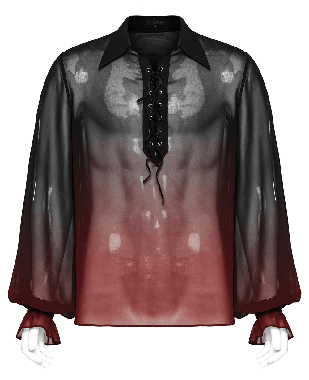 Sheer chiffon gothic shirt for men with lace-up front and dramatic lantern sleeves in black and red ombre.