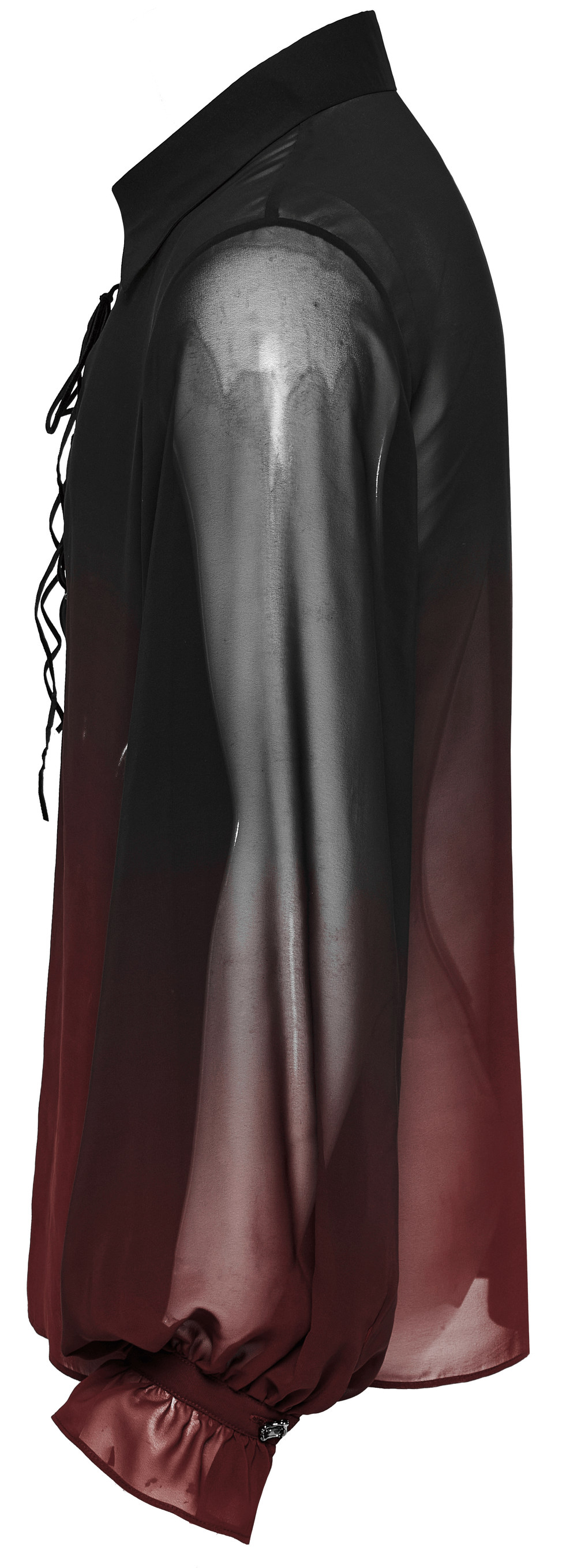 Sheer chiffon lace-up gothic shirt for men in dark red and black, featuring lantern sleeves and textured drawstring.