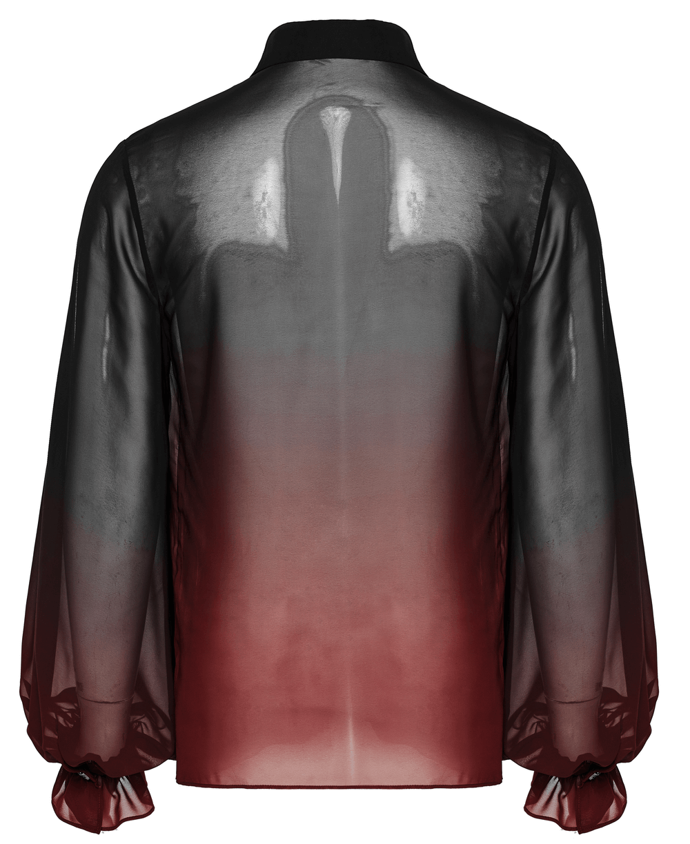 Sheer chiffon gothic shirt with gradient black to red, featuring dramatic lantern sleeves for a stylish dark look.