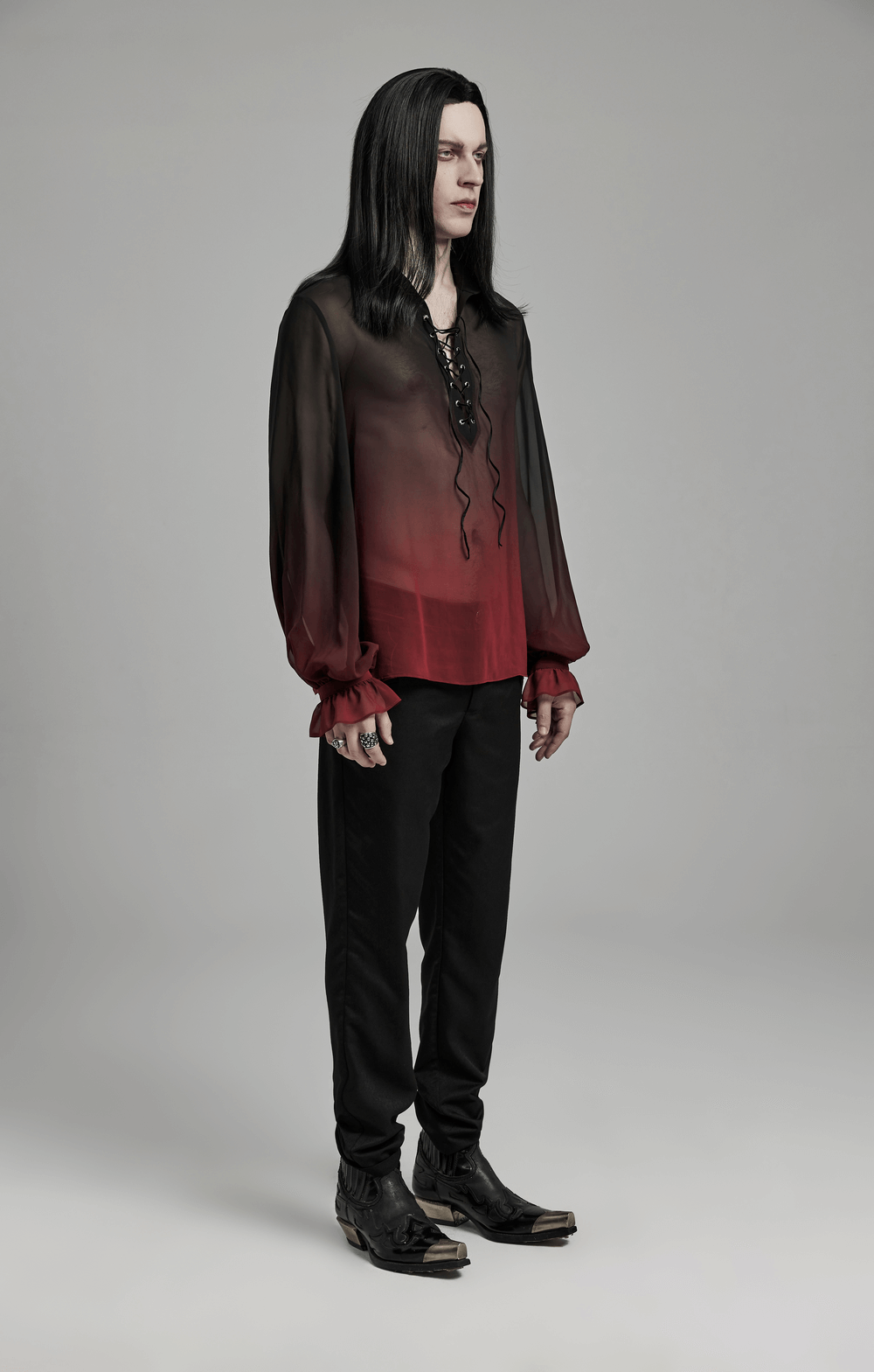 Chemise gothique en mousseline transparente à lacets sur le devant pour homme