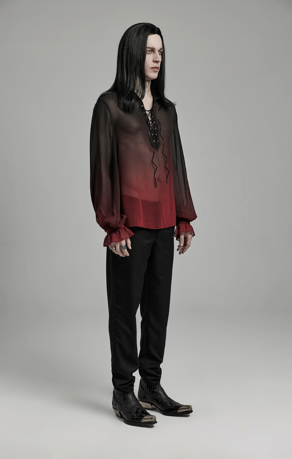 Men's sheer chiffon lace-up gothic shirt with dramatic lantern sleeves in black and red.