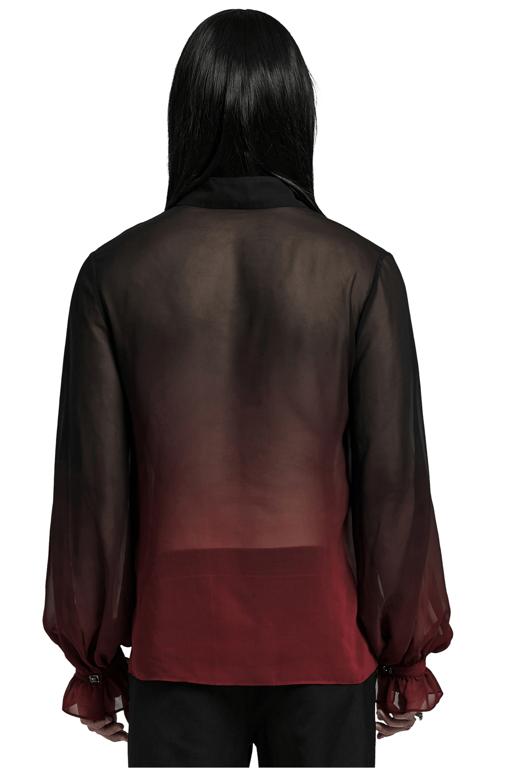 Back view of a sheer chiffon lace-up gothic shirt for men, showcasing dramatic lantern sleeves in black and red.
