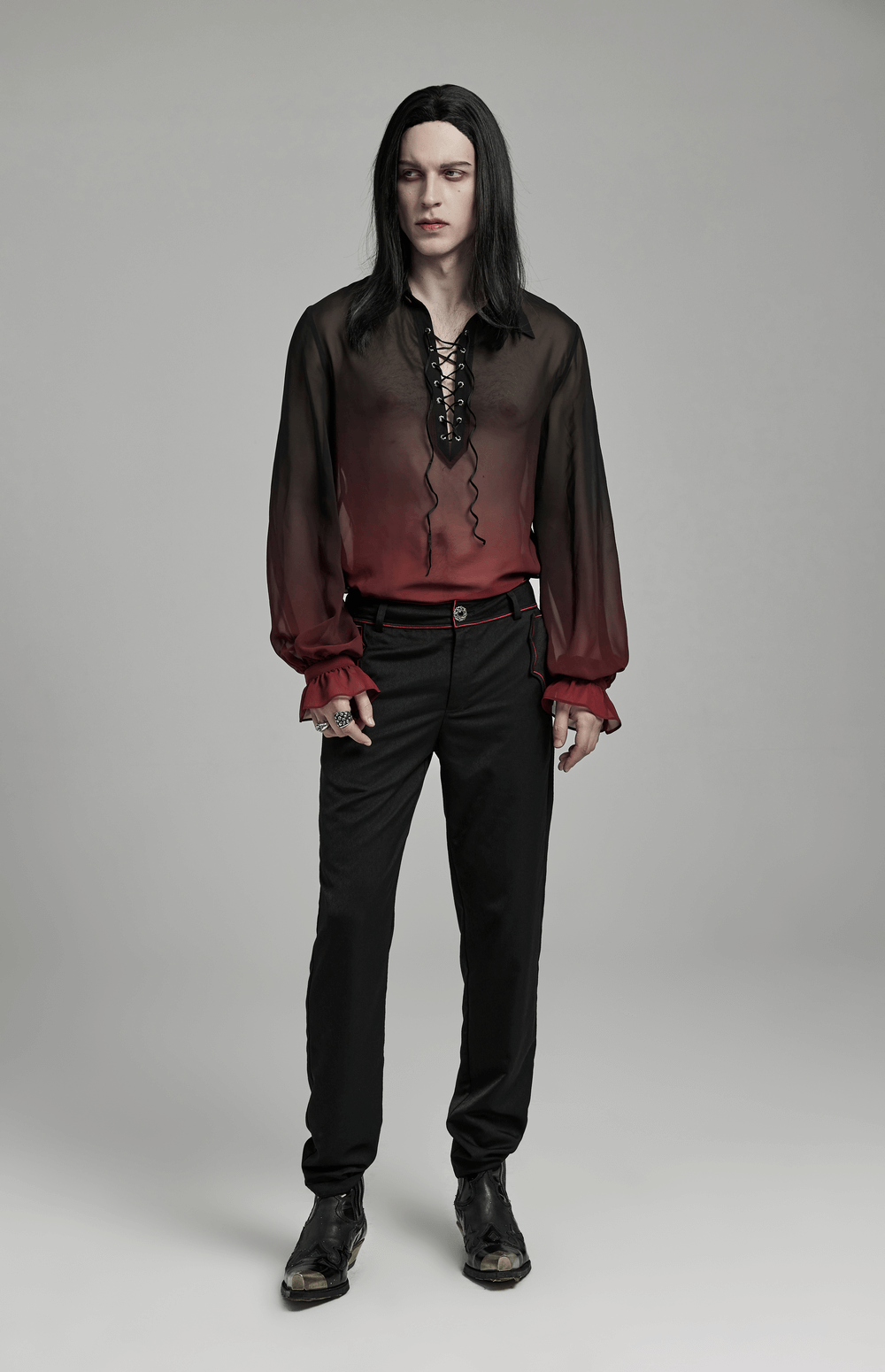 Gothic sheer chiffon lace-up shirt for men, featuring dramatic lantern sleeves and a dark, romantic vibe.