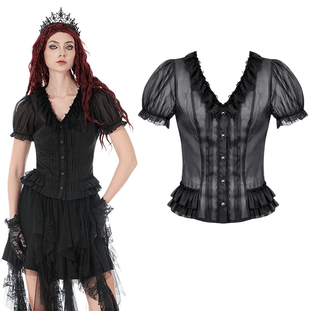 Sheer Gothic Blouse with Ruffled Hem and Lace Detailing showcased on model with puff sleeves and dramatic ruffled hem.