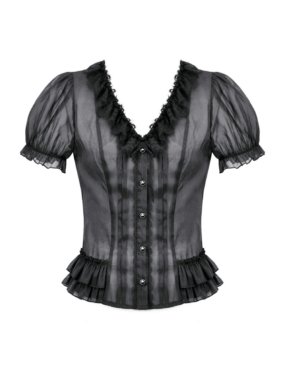Sheer Gothic Blouse with Ruffled Hem and Lace Detailing featuring puff sleeves and ruffled hem in black.