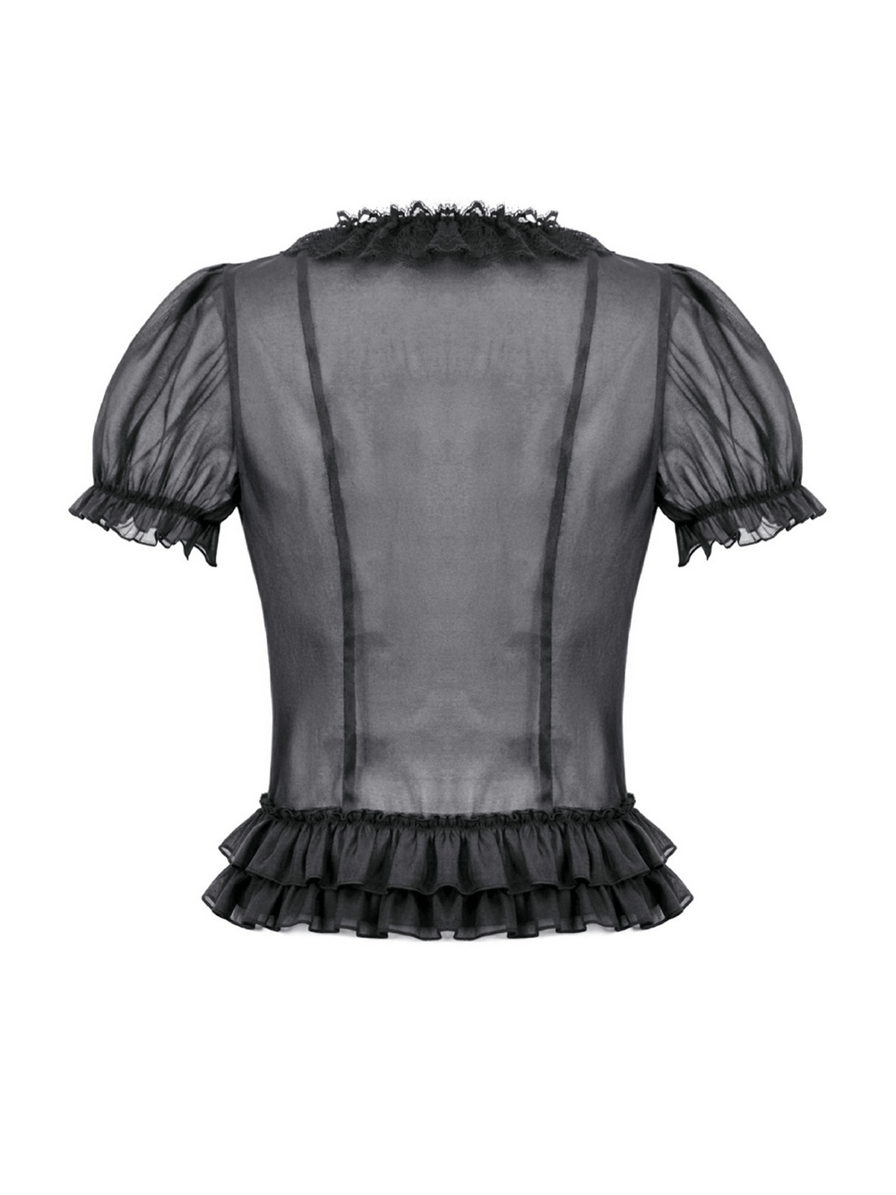 Sheer Gothic Blouse with Ruffled Hem and Lace Detailing - Back view with ruffled hem and puff sleeves.