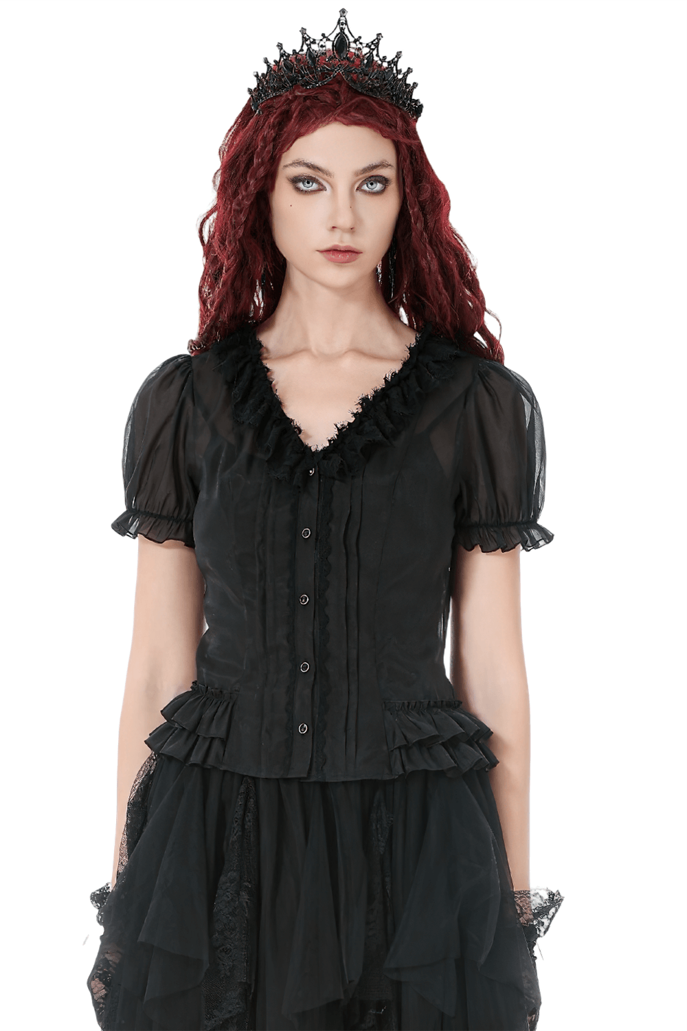 Sheer Gothic Blouse with Ruffled Hem and Lace Detailing worn by a model with a dark crown and striking long hair.